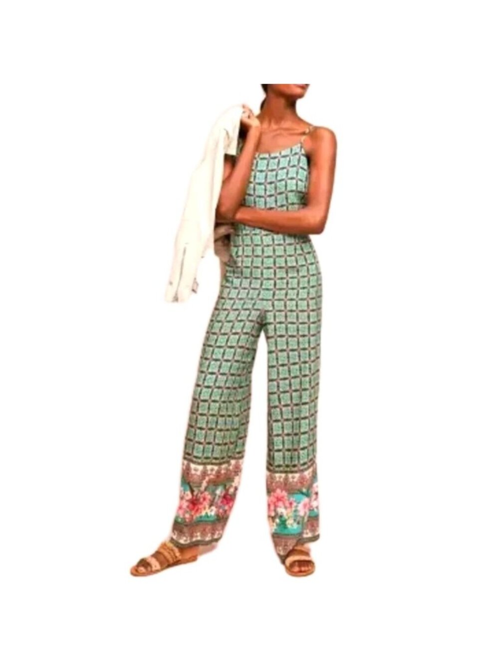 Anthropologie FARM RIO Green Floral Print Honolulu Wide Leg Pant Jumpsuit Small
